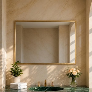 Espejo de pared rectangular de latón hecho a mano con marco plano, espejo rectangular de latón antiguo, espejo de tocador horizontal para baño.