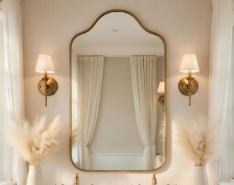 Arched Brass Mirror, Handmade Curved Top Vanity Mirror, Modern Bathroom Mirror, Antique Brass Wall Mirror, Minimalist Decor
