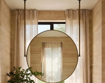 Specchio rotondo sospeso a soffitto con doppi ganci in ottone, specchio rotondo da bagno da appendere con cornice in ottone anticato, specchio a sospensione
