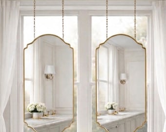 Ceiling Hanging Brass Mirror with Chains & Canopy, Scalloped Antique Brass Suspended Mirror,Window Mounted Vanity Mirror,Bathroom Wall Decor