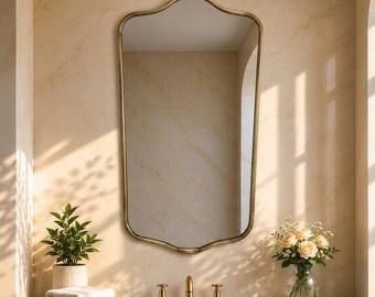 Vintage Brass Wall Mirror, Scalloped Top Mirror, Antique Bathroom Mirror,Art Deco Mirror,Handmade Curved Brass Mirror,Entryway Vanity Mirror
