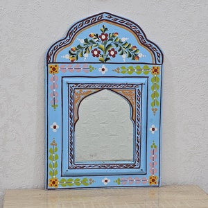 Vintage Handcrafted Moroccan Mirror: Blue Carved Wood Arch