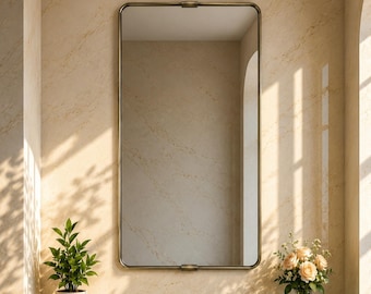 Handmade Rectangle Mirror Antique Brass | Rounded Corner Wall Mirror Gold | Bracket Connector Metal Mirror | Tall Bathroom Vanity Mirror