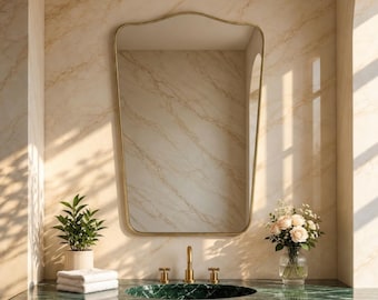 Scalloped Curved Brass Mirror, Large Mirror for Home Decor, Bathroom Rectangle wall Mirror