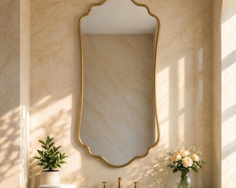 Arched Brass Mirror, Scalloped Shield Mirror, Crest Shape Vanity Bathroom Mirror, Vintage Antique Wall Mirror, Handmade Old Money Decor