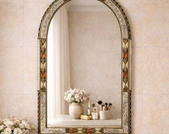 Vintage Moroccan Arch Bone Mirror, Handmade Berber Arched Mirror Frame Home Decor