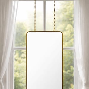 Wall Suspended Brass Mirror Quadris Wall Hanging Mirror with Chains Rectangle Mirror Front of a Window Rectangular Mirror