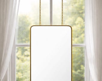 Wall Suspended Brass Mirror Quadris Wall Hanging Mirror with Chains Rectangle Mirror Front of a Window Rectangular Mirror