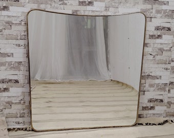 Custom Italian Curved Antiqued Brass Mirror with solid brass frame with approximately 1 cm front brass thickness and 2.5 cm side depth