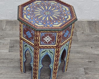 Hand-Painted Moroccan Wood Table: Hexagon Boho Decor