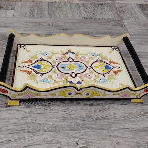 Handmade Moroccan Wooden Tray: Ottoman Design Tea Tray With Handles