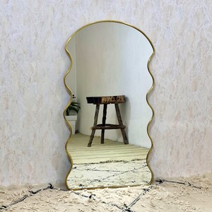 Wavy Mirror Brass Mirror Asymmetrical Mirror Curvy Large Mirror Floor Mirror Home Decor Decorative Irregular Mirror for Bedroom and Bathroom