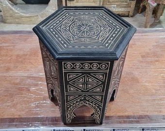 Hand-Painted Hexagonal Moroccan Table: Black Wood Accent Table