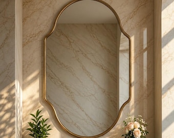 Scalloped Wavy Brass Mirror, Oval Wall Mirror for bathroom, Curved Brass Mirror