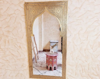 Hand-Engraved Moroccan Brass Arch Mirror: Gold Wall Decor