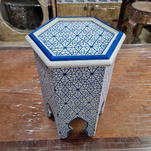 Hand-Painted Blue Moroccan Coffee Table: Round Wooden Accent Table