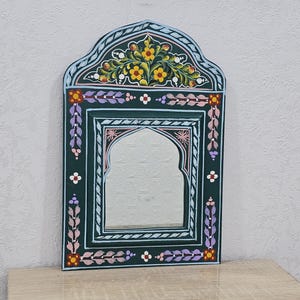 Handmade Berber Arch Mirror: Moroccan Carved Wood, Green Entry Mirror