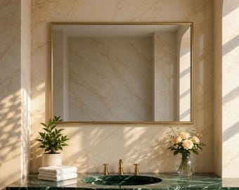 Handmade Rectangular Brass Wall Mirror, Antique Brass Rectangle Mirror, Horizontal Vanity Mirror for Bathroom