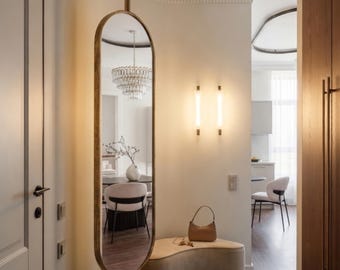 Floor to Wall Brass Mirror with Dual Pole Mount – Ceiling & Floor Mounted Oval Pill Mirror –Capsule Antique Brass Full Length Vanity Mirror