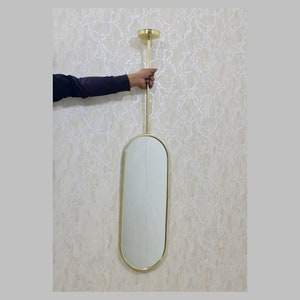 Quadris Ceiling Hanging Suspended Rounded Mirror Oval with Gold Brass Frame