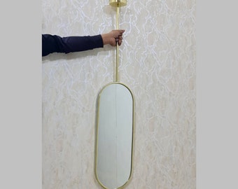 Quadris Ceiling Hanging Suspended Rounded Mirror Oval with Gold Brass Frame