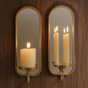 Brass Mirror Wall Sconces Set of 2, Arched Candle Holder Sconces, Antique Brass Mirrored Wall Decor, Modern Brass Candle Sconce Pair