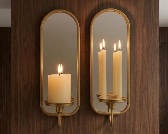 Brass Mirror Wall Sconces, Arched Candle Holder Sconces, Antique Brass Mirrored Wall Decor, Modern Brass Candle Sconce Pair