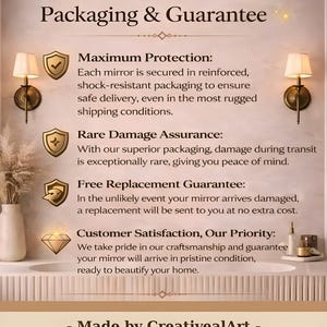 Puede incluir: Imagen promocional con el texto "Nuestro embalaje y garant&iacute;a premium". El texto destaca la m&aacute;xima protecci&oacute;n, la garant&iacute;a de da&ntilde;os raros y una garant&iacute;a de reemplazo gratuito. La imagen tambi&eacute;n incluye el nombre de la tienda Etsy "CreativealArt".