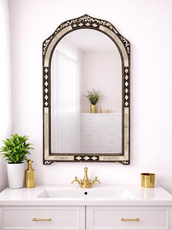 Vintage Arch Mirror, Bone inlay Mirror, Handmade Wall Mirror, Berber Arched Bone Mirror, Hall Mirror for Home Decor