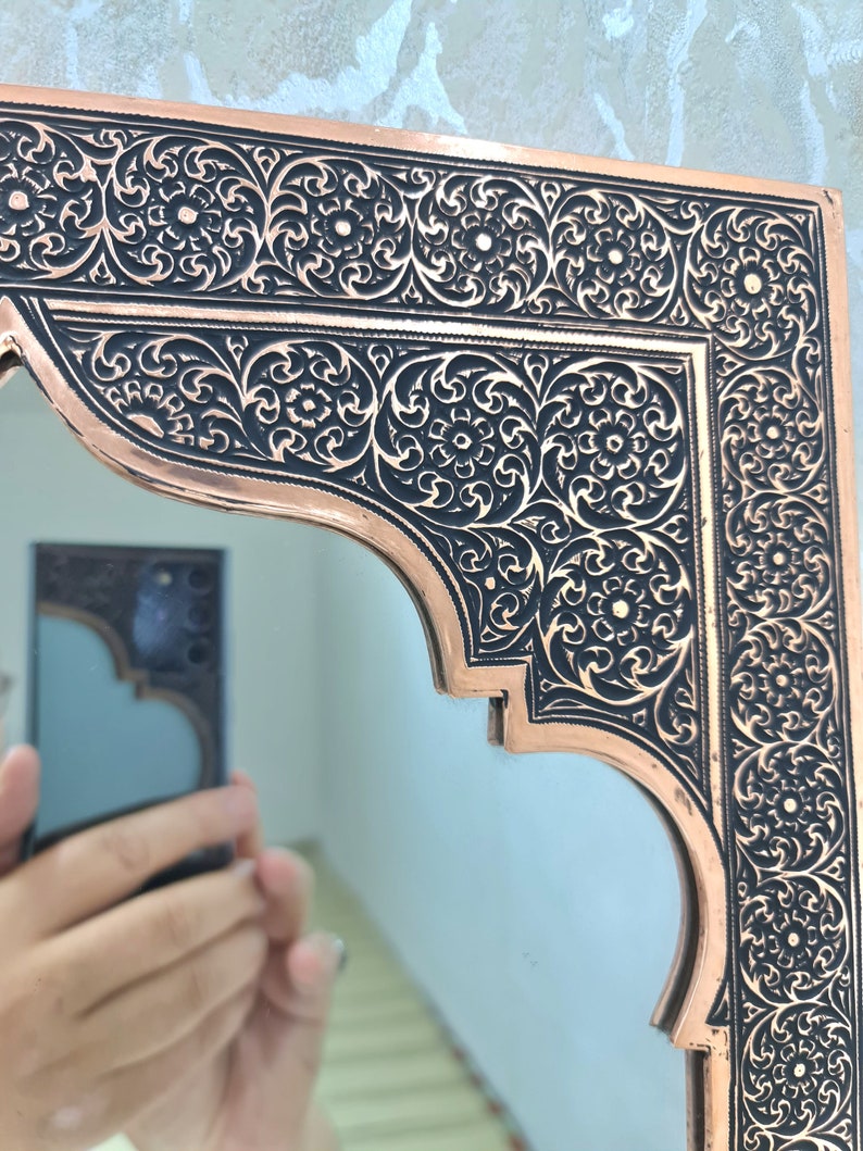 Moroccan Copper Mirror, Handmade antique wall mirror, Engraved Brass mirror, vintage home decoration, solid engraved brass, Vintage zdjęcie 2