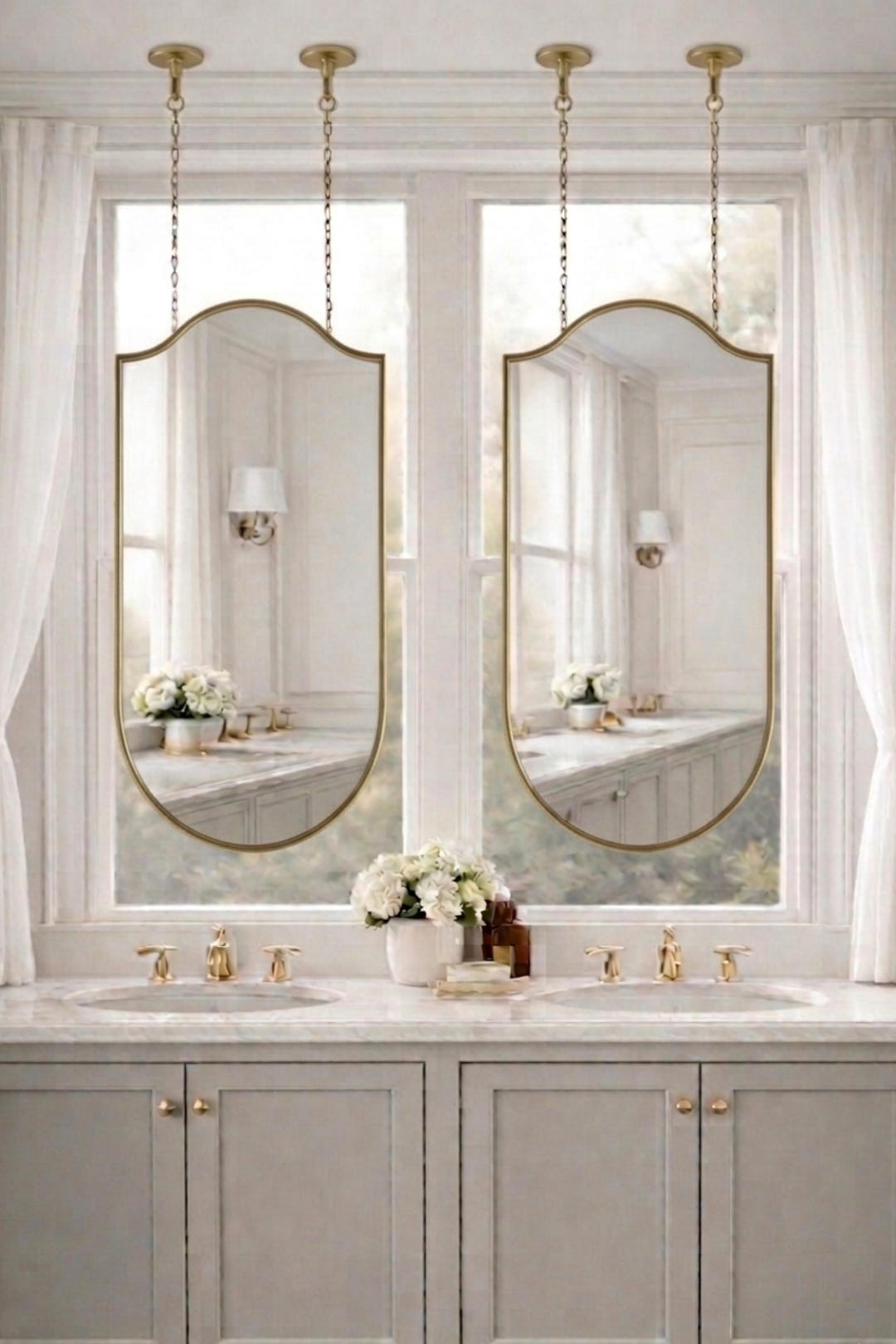 Shield Shaped Ceiling Mirror With Chains, Crested Arch Hanging Vanity ...