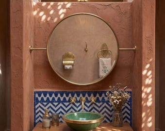 Suspended Round Brass Mirror, Double Pole Wall Mounted Mirror, Modern Floating Brass Mirror, Circular Vanity Mirror, Luxury Bathroom Decor