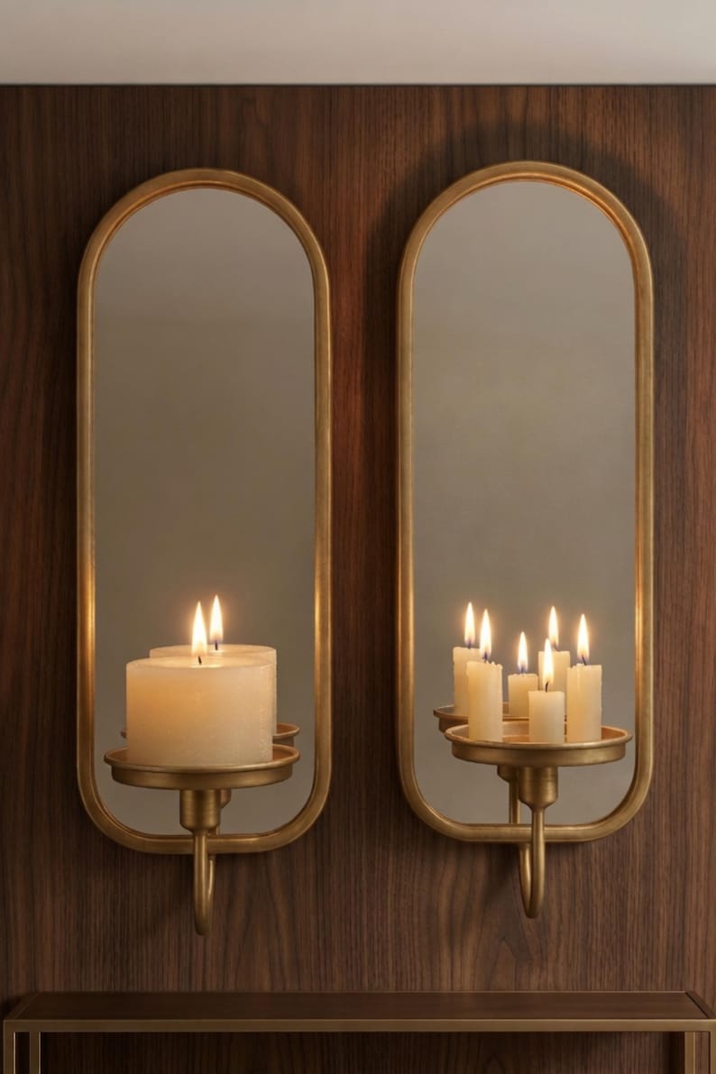 Brass Mirror Wall Sconces Set of 2, Arched Candle Holder Sconces, Antique Brass Mirrored Wall Decor, Modern Brass Candle Sconce Pair