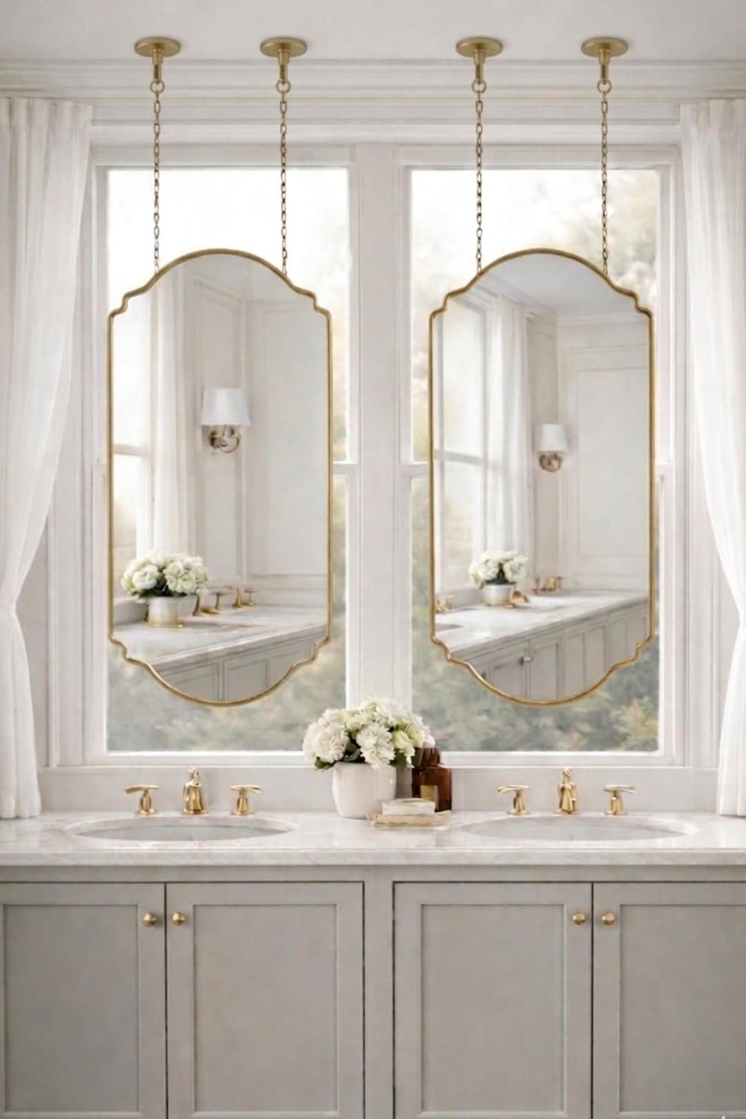 Ceiling Hanging Brass Mirror With Chains & Canopy, Scalloped Antique ...