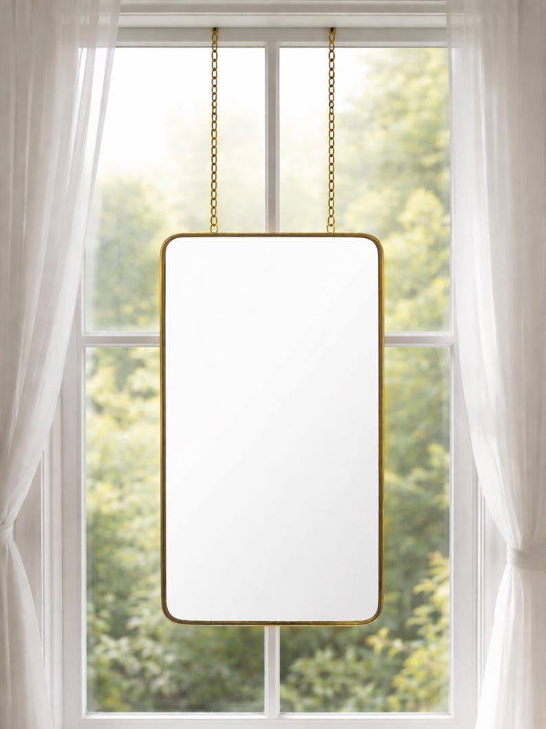 Wall Suspended Brass Mirror Quadris Wall Hanging Mirror with Chains Rectangle Mirror Front of a Window Rectangular Mirror