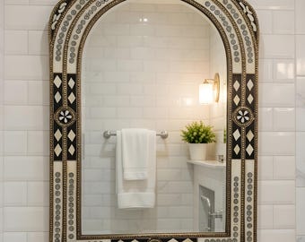 Marokkaanse spiegel met ingelegd been, wanddecoratie boog boho messing accent