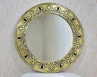 Moroccan Brass Mirror Wall Mirror Round Mirror Curvy Mirror Carved Antique Mirror Circle Decorative Mirror Bathroom Mirror Handmade Mirror