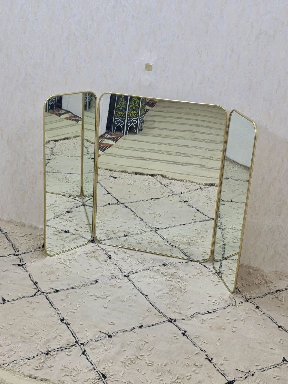Golden Triptych Mirror Barber Triple Vintage Brass Handmade Moroccan Bathroom