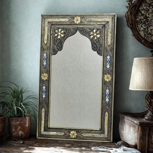 Handmade Moroccan Floor Mirror: Hand-Engraved Metal & Bone Inlay