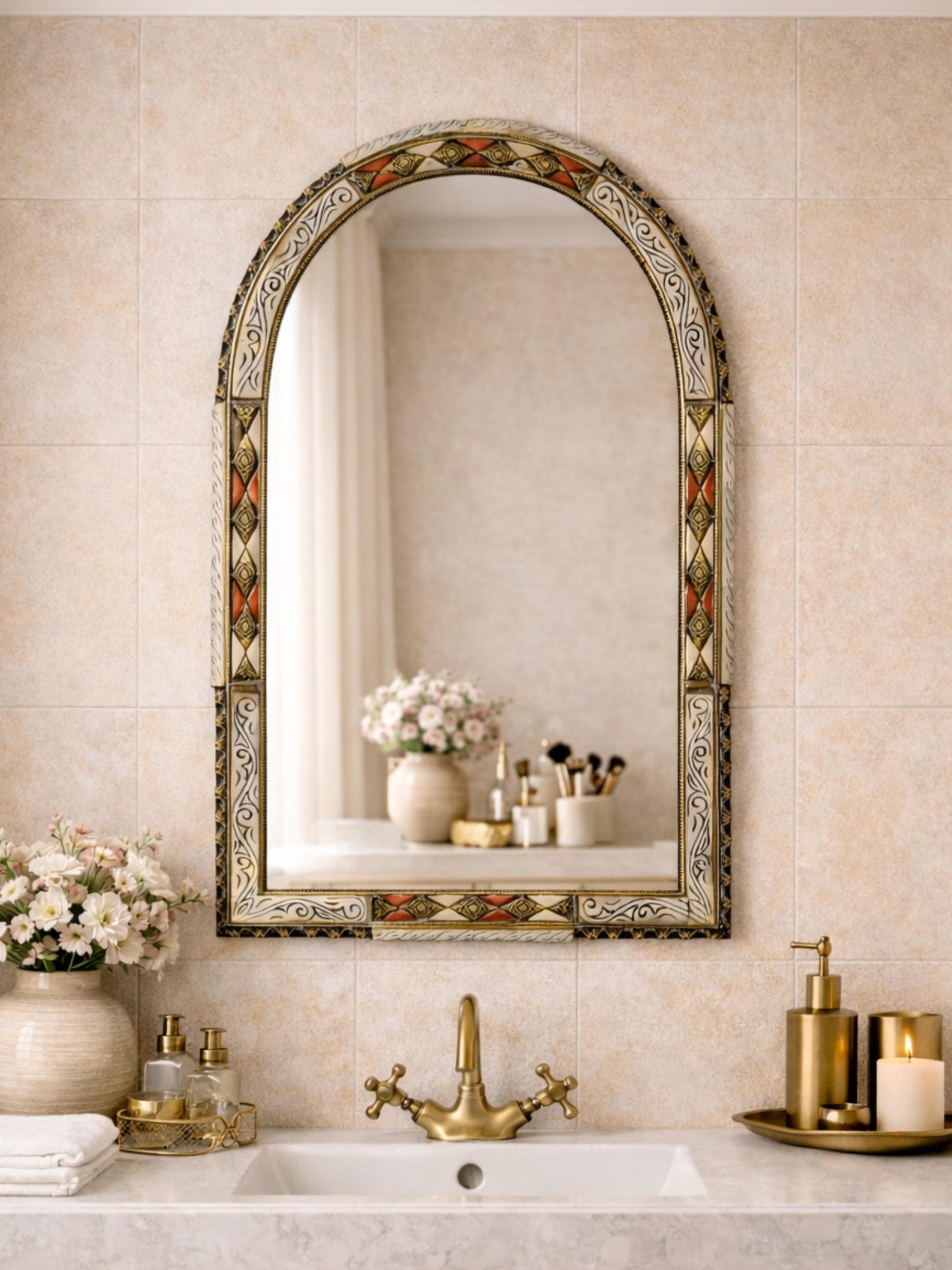 Vintage Moroccan Arch Bone Mirror, Handmade Berber Arched Mirror Frame Home Decor - 23.6 / 15.7 INCHES