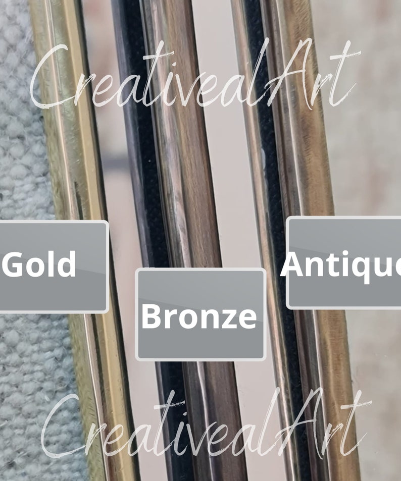 May include: Close-up of four metal strips in different finishes: gold, bronze, antique, and silver. The strips are labeled with their respective finishes. The image is captioned "CreativeArt".