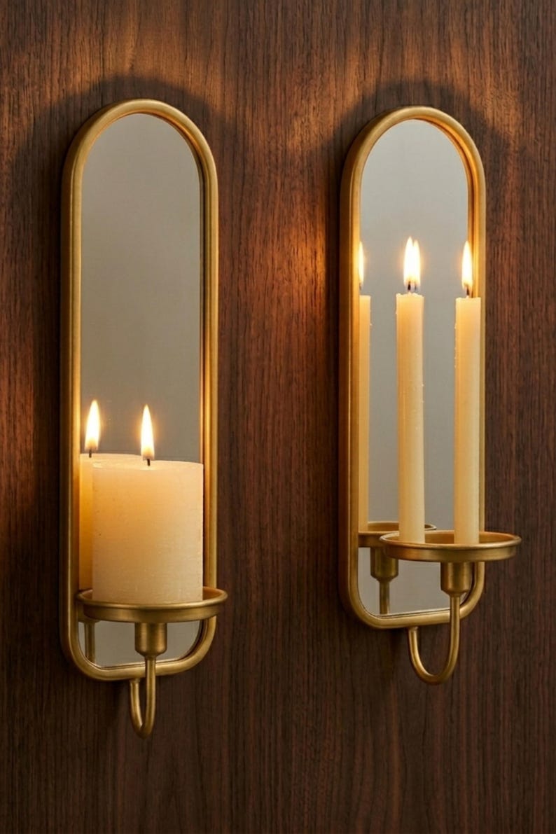 Brass Mirror Wall Sconces Set of 2, Arched Candle Holder Sconces, Antique Brass Mirrored Wall Decor, Modern Brass Candle Sconce Pair