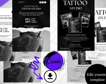 Tattoo aftercare template Canva instant download, changeable template Black Gray white, tattoo instructions, Canva editable templates