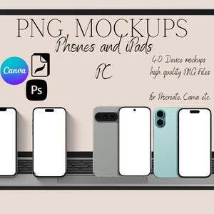 Könnte beinhalten: Ein Laptop-Bildschirm zeigt den Text "PNG, MOCKUPS Phones and iPads PC" mit Canva- und Photoshop-Symbolen. Mehrere Smartphones in verschiedenen Farben sind vor dem Laptop angeordnet, jeweils mit leerem Bildschirm. Der Text "40 Device mockups high quality MG Files for Procreate. Canva etc." ist ebenfalls sichtbar.