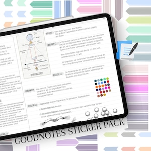 May include: A Goodnotes sticker pack featuring colourful arrows, a selection of coloured circles, and a hand-drawn illustration of a microscope. The text "GOODNOTES STICKER PACK" is written in black at the bottom of the image.