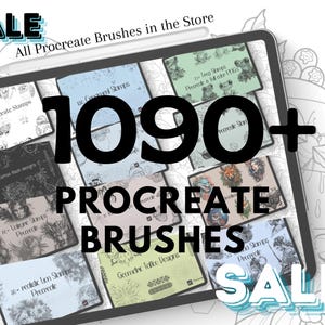Könnte beinhalten: Eine digitale Illustration eines Tablet-Bildschirms, auf dem ein Angebot für über 1090 Procreate-Pinsel angezeigt wird. Das Tablet ist von floralen Designs umgeben und der Text "SALE" wird in einem blauen Kasten angezeigt.