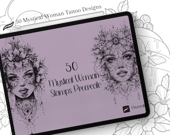 Mystical Woman Face Geometric Mandala Tattoo Design Bundle,50 woman Portrait Stamps,procreate tattoo mandala,procreate tattoo needle brushes