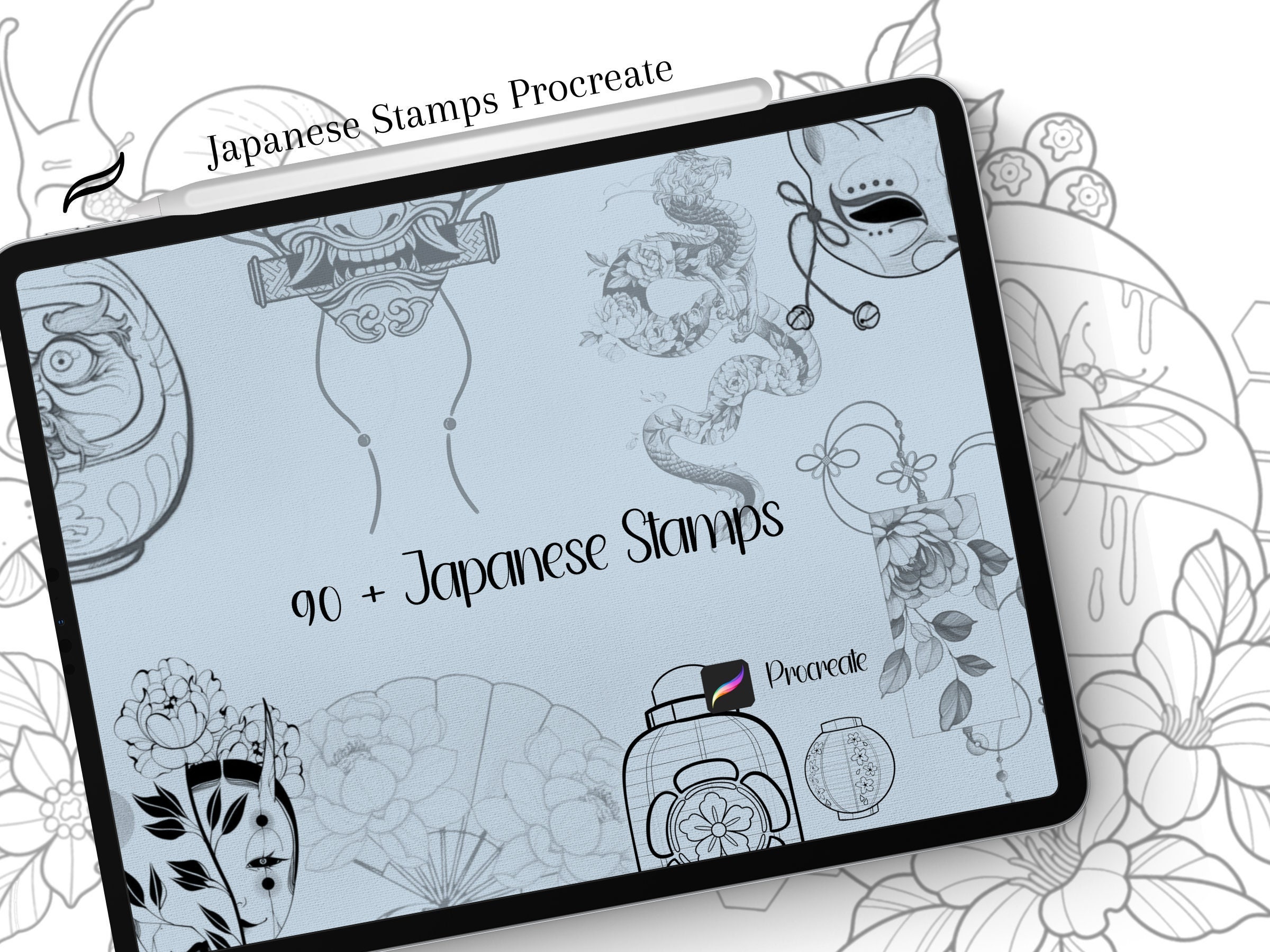 Japanese tattoo procreate stamps, tattoo designs Japanese traditional, tattoo flash, clip art designs, digital images procreate