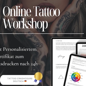 Puede incluir: Taller de tatuaje online con un certificado personalizado que se puede imprimir después de 24 horas. La imagen muestra a una mujer con tatuajes en los brazos y las manos, y un documento digital con el texto "strong" y un triángulo.