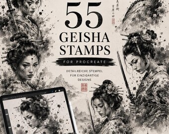 Geisha tattoo procreate stamps, tattoo designs japanese geisha, tattoo japanese flash, clip art designs, digital images procreate tattoo